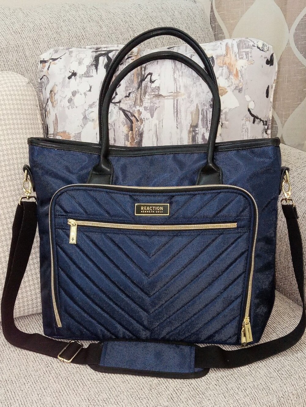 Kenneth Cole Reaction Navy Quilted Tote with Black Handles and Gold Hardware